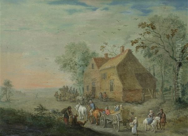 Travellers On A Country Path, With A Barn In The Distance Oil Painting by Jacques Willem Van Blarenberghe