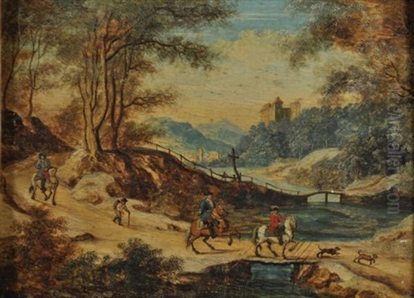 Cavaliers Franchissant Un Pont De Bois Oil Painting by Jacques Willem Van Blarenberghe