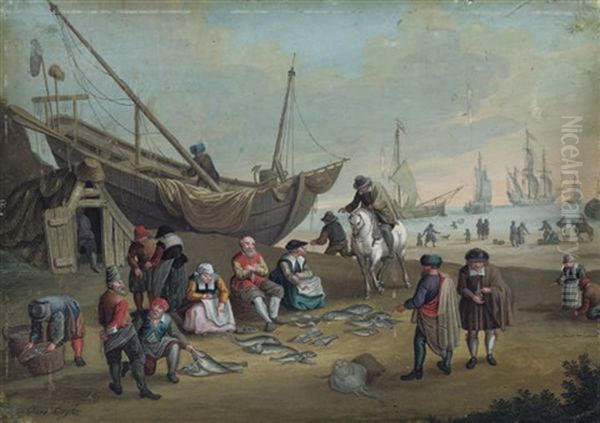 Des Pecheurs Vendant Leurs Produits Au Bord De La Mer, Des Bateaux Au Fond (+ Des Pecheurs Vendant Leurs Produits A Deux Couples Elegants; 2 Works) Oil Painting by Jacques Willem Van Blarenberghe