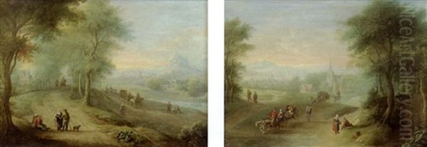 Les Carrioles Sur La Route (+ Le Chemin Borde D'arbres; Pair) Oil Painting by Jacques Willem Van Blarenberghe