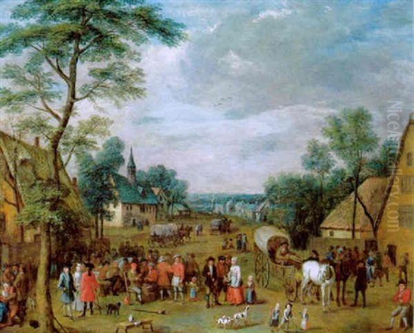 Fest In Einem Dorf Mit Vielen Figuren Und Einem Planwagen Oil Painting by Jacques Willem Van Blarenberghe