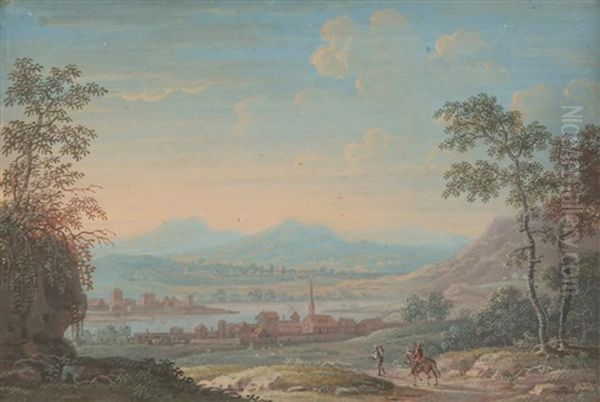 Cavalier Et Paysan Dans Un Vaste Paysage Fluvial Oil Painting by Louis Nicolas van Blarenberghe