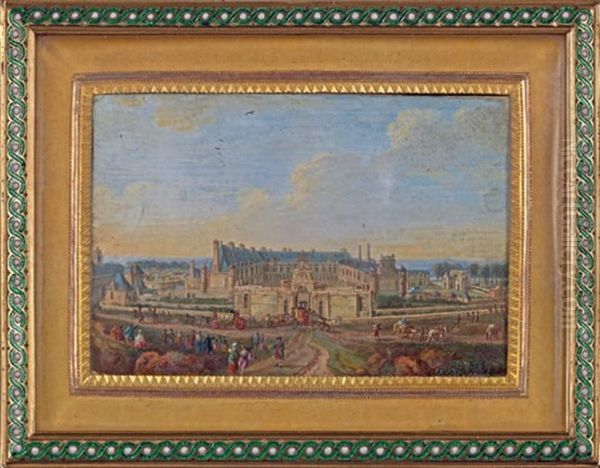 Vue Du Chateau D'anet Miniature, Signee. Oil Painting by Louis Nicolas van Blarenberghe