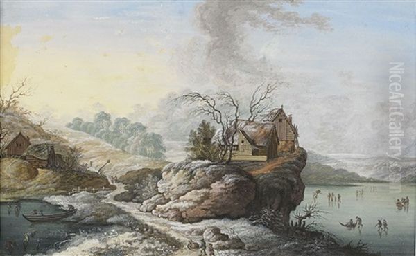 Vinterlandskap Med Skridskoakare Oil Painting by Louis Nicolas van Blarenberghe