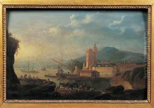 Vue D'un Port Francais Avec Le Dechargement D'un Navire Hollandais Oil Painting by Louis Nicolas van Blarenberghe