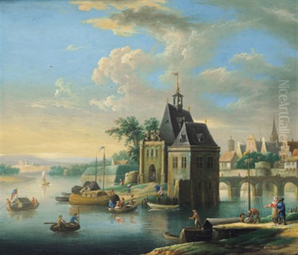 Stadt An Einem Fluss Mit Vielen Booten Und Figuren by Louis Nicolas van Blarenberghe