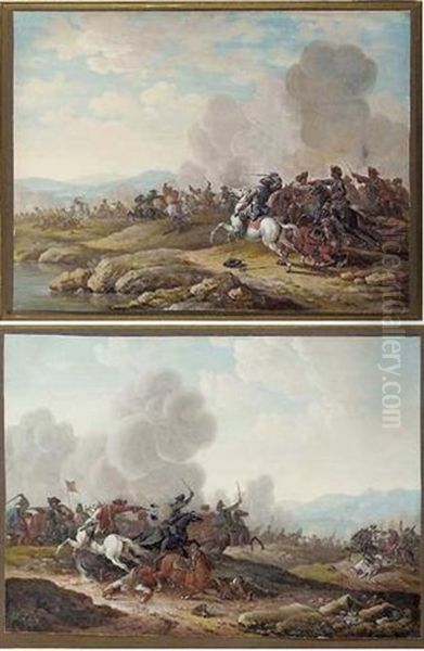 A Calvary Battle By A River Oil Painting by Louis Nicolas van Blarenberghe