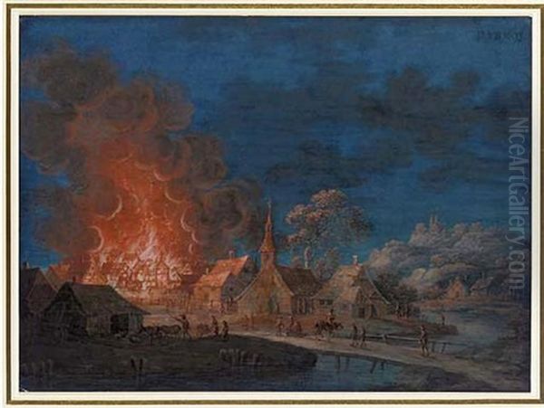 A Village On Fire By Moonlight Oil Painting by Louis Nicolas van Blarenberghe