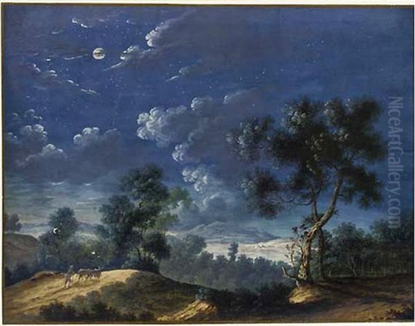 A Moonlit Landscape With A Figure Leading Two Cattle, A Lake In The Distance Oil Painting by Louis Nicolas van Blarenberghe