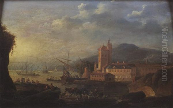 Vue D'un Port Francais Avec Le Dechargement D'un Navire Hollandais Oil Painting by Louis Nicolas van Blarenberghe