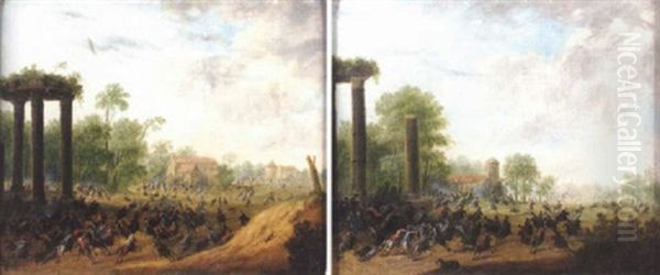 A Cavalry Engagement Beside Roman Ruins Oil Painting by Louis Nicolas van Blarenberghe