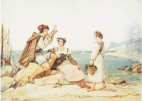 Un Musicien Et Deux Femmes Sur La Cote Napolitaine Oil Painting by Jean, Le Romain Alaux