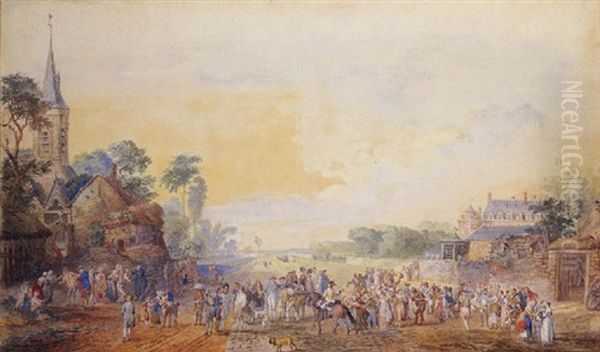 An Extensive Village Landscape With A Crowd On A Cobbled Road, A Castle To The Right And A Church To The Left Oil Painting by Louis Nicolas van Blarenberghe