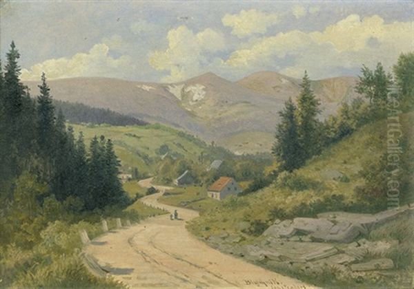 Blick Ins Schlesische Riesengebirge Bei Agnetendorf; Bauerliches Anwesen In Sommerlicher Landschaft (2 Works) Oil Painting by Arthur Blaschnik