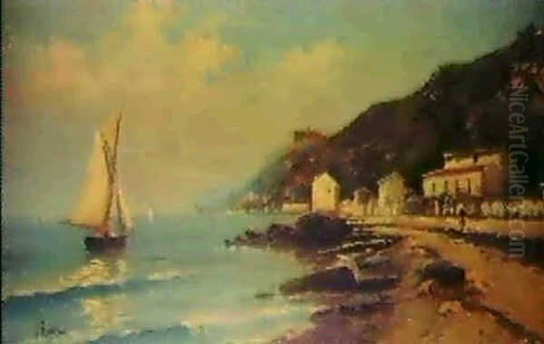 Velero Frente A La Costa Oil Painting by Jose Ruiz Blasco