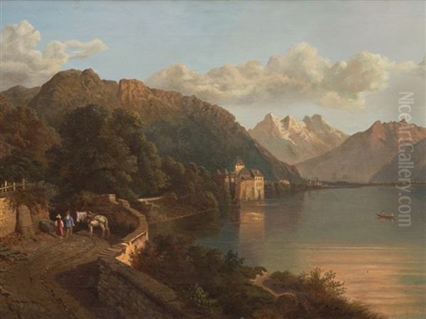 Lake Geneva And Chillon Castle Oil Painting by Theodor Blaetterbauer