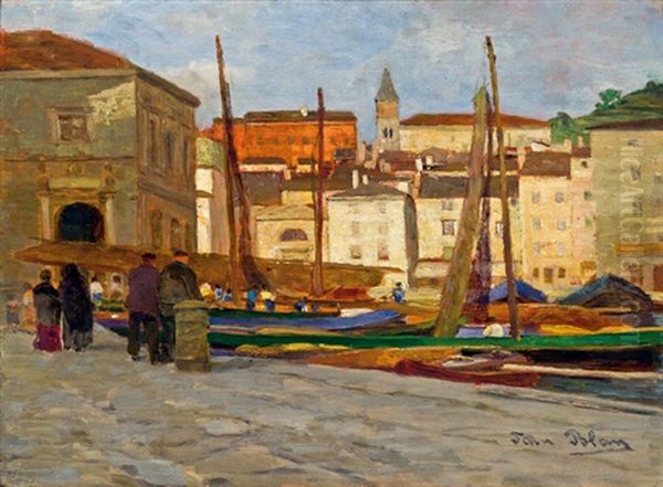 Fischerhafen In Piran Oil Painting by Tina Blau-Lang