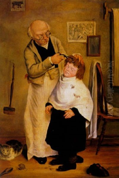 Getting His Hair Cut Oil Painting by Charles F. Blauvelt