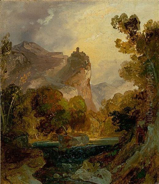 Ansicht Eines Flustals Im Gebirge Mit Einer Burg Auf Hohem Felsen Oil Painting by Carl Blechen