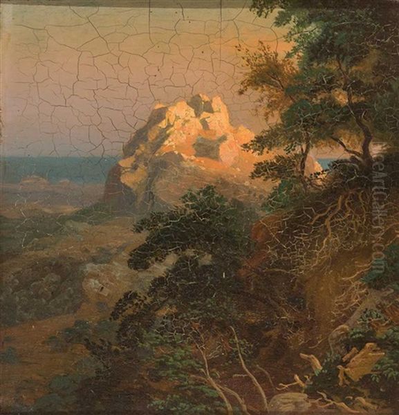 Malerisch Beleuchteter Kalkfelsen Vor Seenhintergrund by Carl Blechen