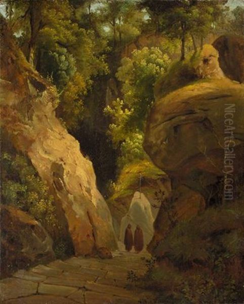 Monks On The Steps Through A Rocky Gorge (the Steps To The Grotta Di San Francesco Alla Verna) Oil Painting by Carl Blechen