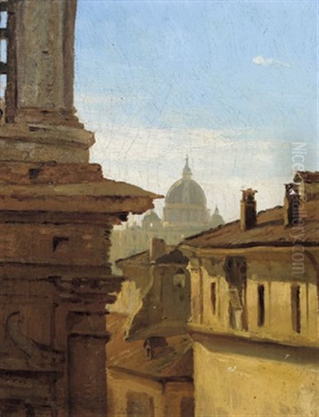 Vista Dal Monte Pincio Sulla Cupola Di San Pietro A Roma: Blick Vom Monte Pincio Uber Die Dacher Der Altstadt Auf Den Petersdom In Rom Oil Painting by Carl Blechen