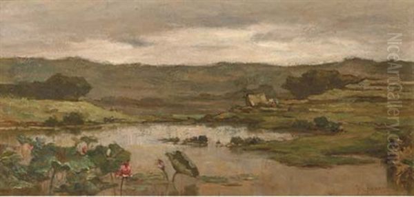 Moeraslandschap In Ned Indie - Indonesian Swampland With Lotus Flower Oil Painting by Wilhelm Christiaan Constant Bleckmann