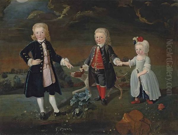 Group Portrait Of Daniel, William And Stephen Eaton, As Children, Full-length, With A Dog, In An Extensive Park Landscape Oil Painting by Pieter van Bleeck