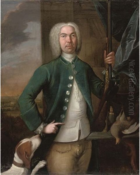 Portrait Of A Gentelman Holding A Gun In His Left Hand, A Dog At His Side Oil Painting by Richard (Risaert van) Bleeck