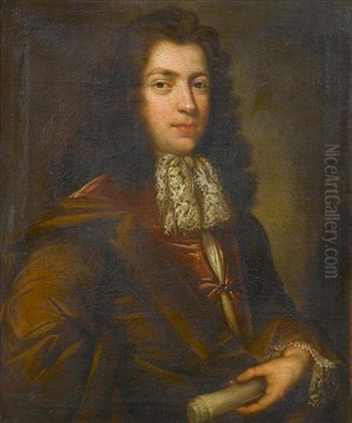 Portrait Of A Gentleman In A Claret Coat With A Brown Wrap And A Lace Jabot, Holding A Scroll Oil Painting by Richard (Risaert van) Bleeck