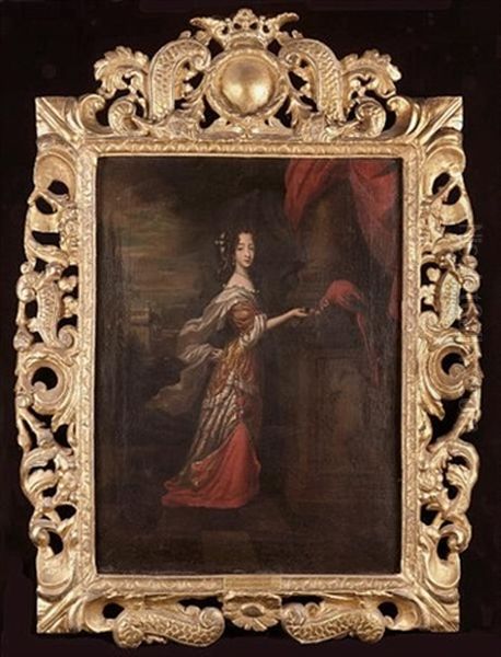 Portrait Of A Young Woman, Standing Full-length, Before A Column, Feeding A Parrot, A View To A Palace And Garden Beyond Oil Painting by Richard (Risaert van) Bleeck