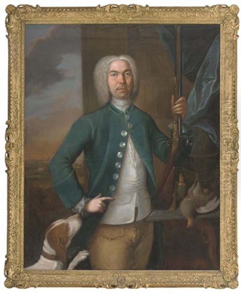 Portrait Of A Gentleman, Holding A Gun In His Left Hand, A Dog To His Side, With A Partridge And Casket Of Gun-powder On A Ledge, An Extensive Landscape Beyond Oil Painting by Richard (Risaert van) Bleeck