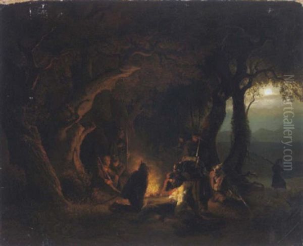 Soldaten Am Nachtlichen Lagerfeuer Oil Painting by Georg Bleibtreu