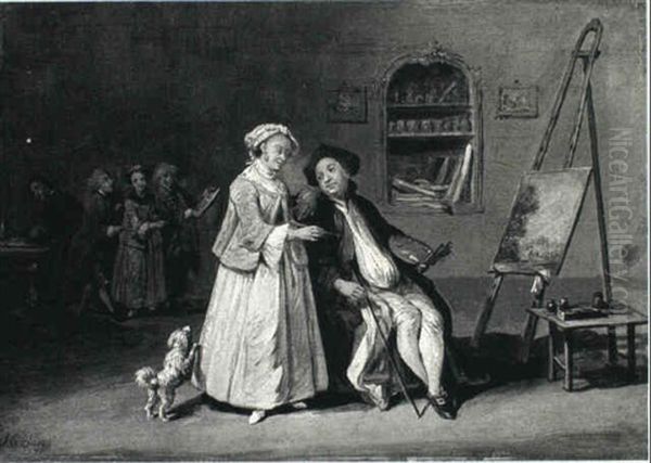 An Artist Seated Before An Easel In His Studio, His Wife    Looking On by J. G. Bleidorn