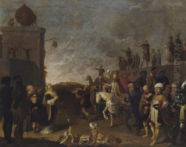 An Allegorical Scene With Moses And Aaron And A Pope Oil Painting by Dirck Bleker