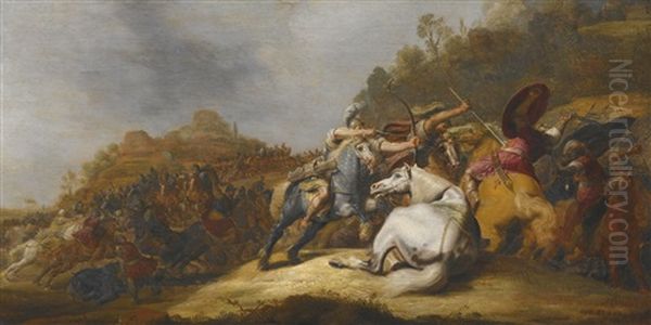 A Battle On Horseback With Armoured Soldiers And Soldiers Wearing Turbans, In A Landscape by Gerrit Claesz Bleker