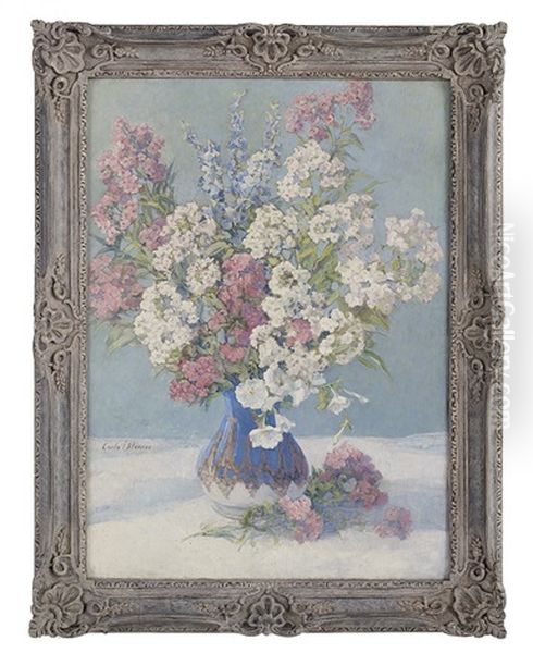 Bouquet Of Phlox In A Blue Aesthetic Vase Oil Painting by Carle John Blenner