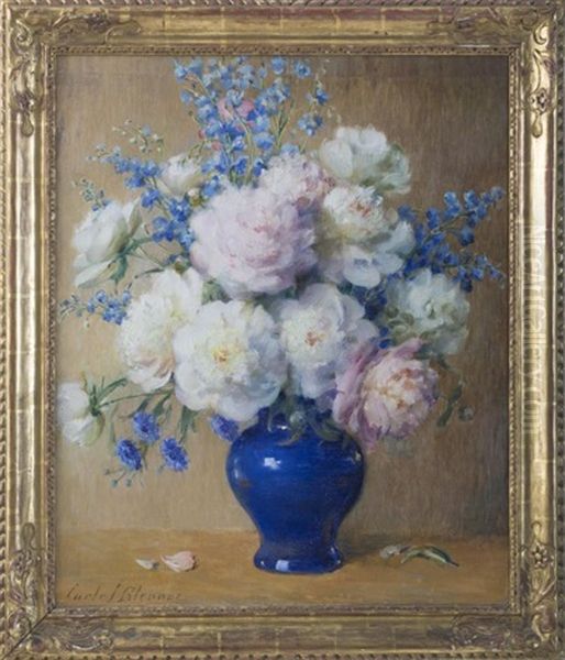 Still-life With Peonies, Delphinium And Asters In A Blue Vase by Carle John Blenner