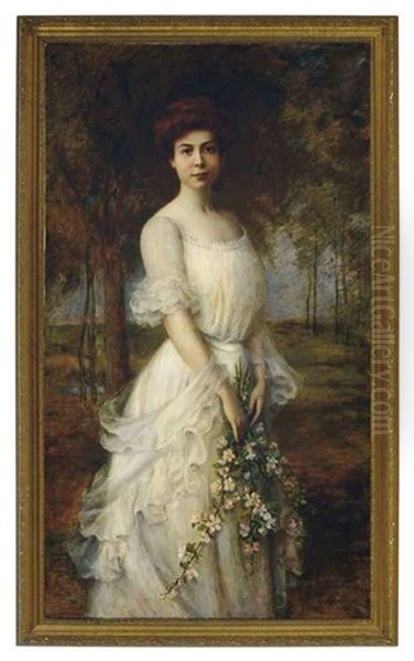 A Beauty Holding Spring Blossoms In A Landscape by Carle John Blenner