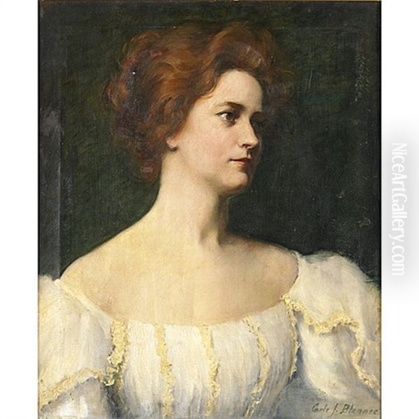 Portrait Of A Woman In A White Dress by Carle John Blenner