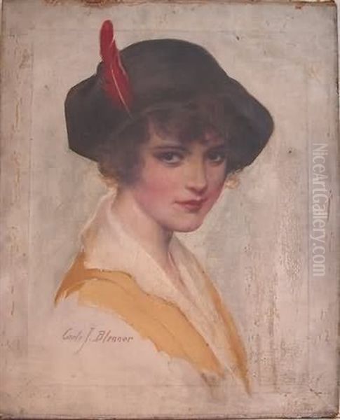 Illustration Of A Young Woman Wearing A Hat With A Red Feather Oil Painting by Carle John Blenner