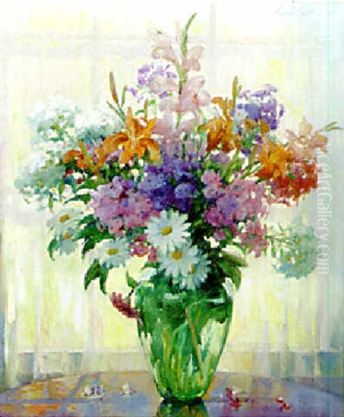 Daisies, Phlox And Tiger Lilies Oil Painting by Carle John Blenner