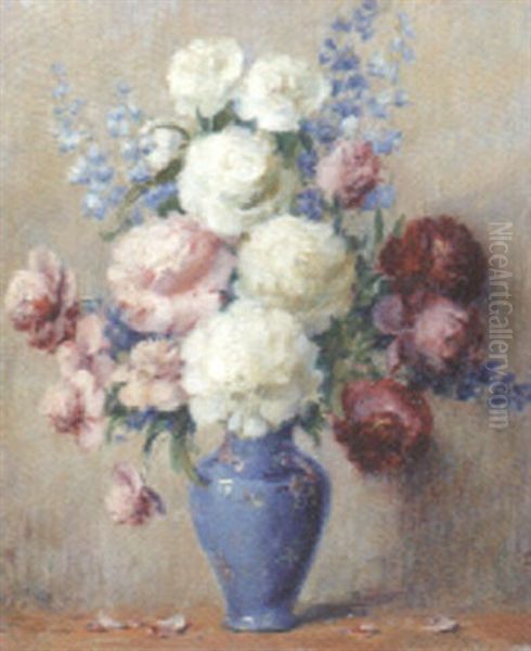 Flowers In A Blue Vase Oil Painting by Carle John Blenner