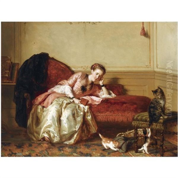 Watching The Kittens Play Oil Painting by David Joseph Bles