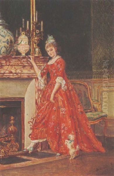 An Elegant Lady And Her Dog By A Fireplace Oil Painting by David Joseph Bles