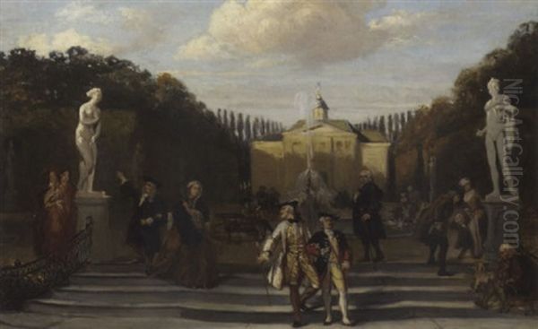 Elegant Company Promenading In A Garden Of A Palatial Mansion Oil Painting by David Joseph Bles