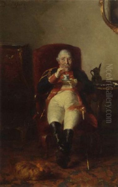 Twee Oranjeklanten: An Officer Drinking Hot Chocolate In An Interior Oil Painting by David Joseph Bles