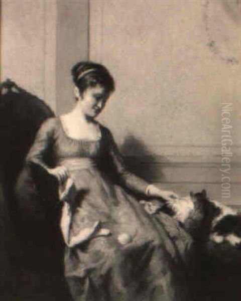 An Interior Scene With A Girl Seated On A Sofa With Pets Beside Her Oil Painting by David Joseph Bles