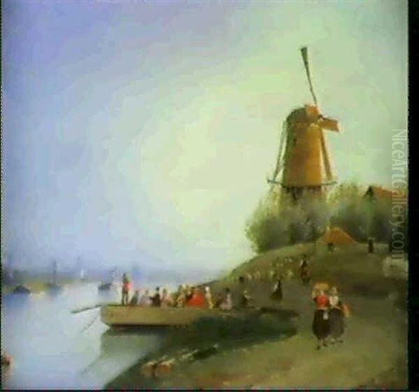 Niederlandische Flusslandschaft Mit Einer Fahre Vorn Am Ufernahe Der Windmuhle Oil Painting by David Joseph Bles