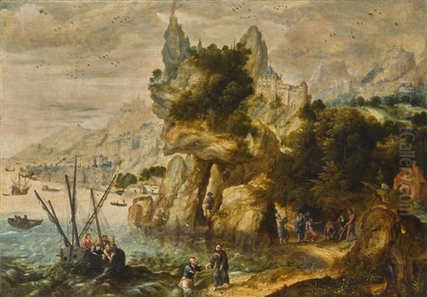 Extensive Coastal Landscape With The Calling Of Saint Peter Oil Painting by Herri met de Bles